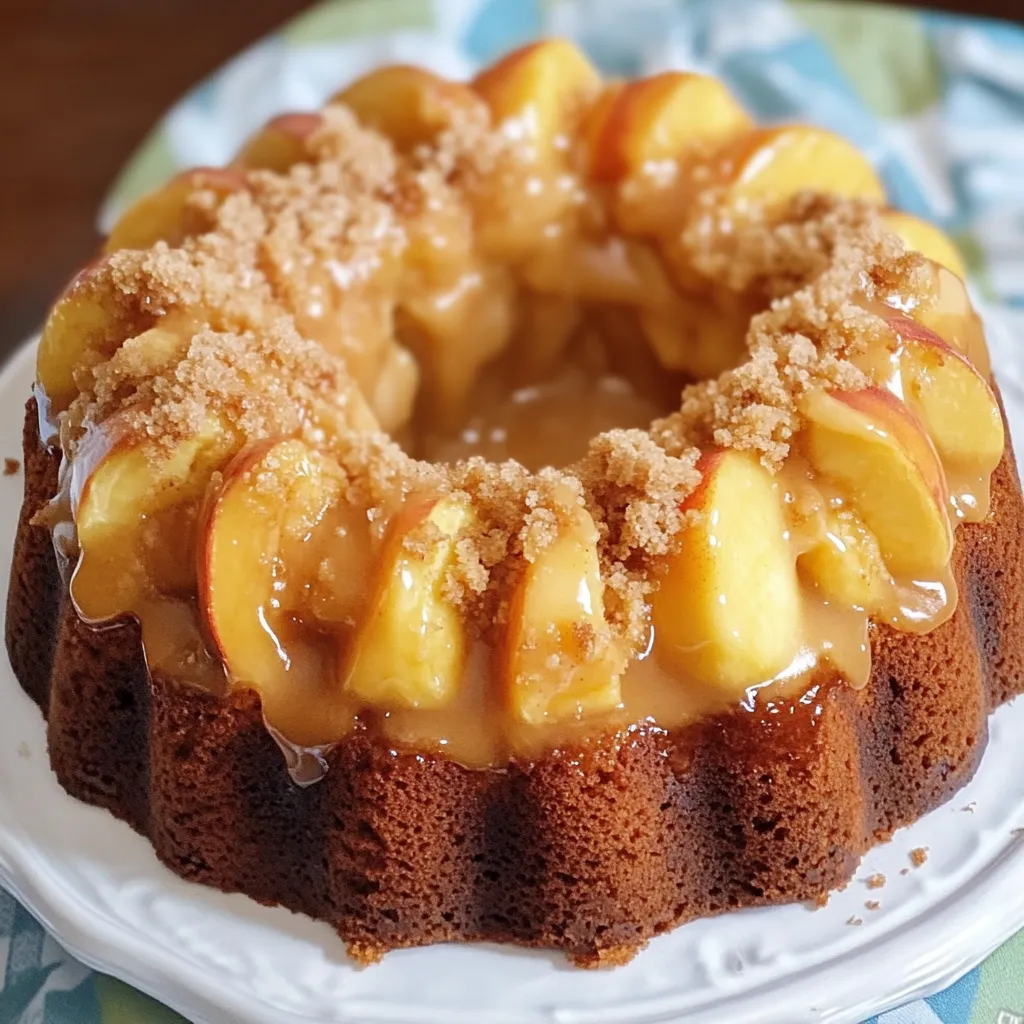 A cake with peaches and walnuts.