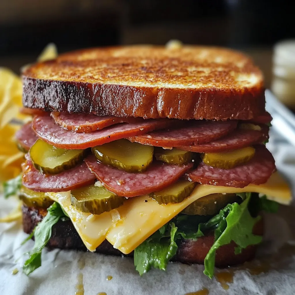A sandwich with meat, cheese, pickles, and lettuce.