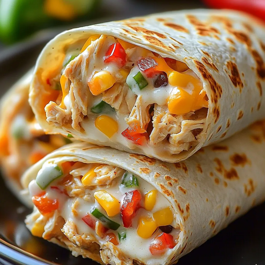A burrito with chicken and vegetables on a plate.