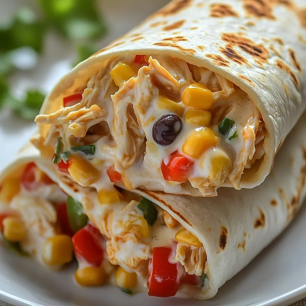 A burrito with chicken, corn, and peppers.