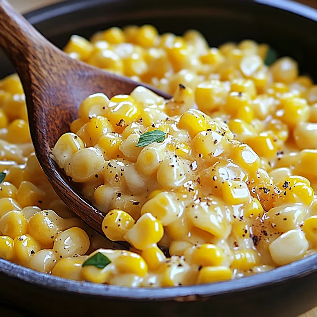 A wooden spoon in a bowl of corn.