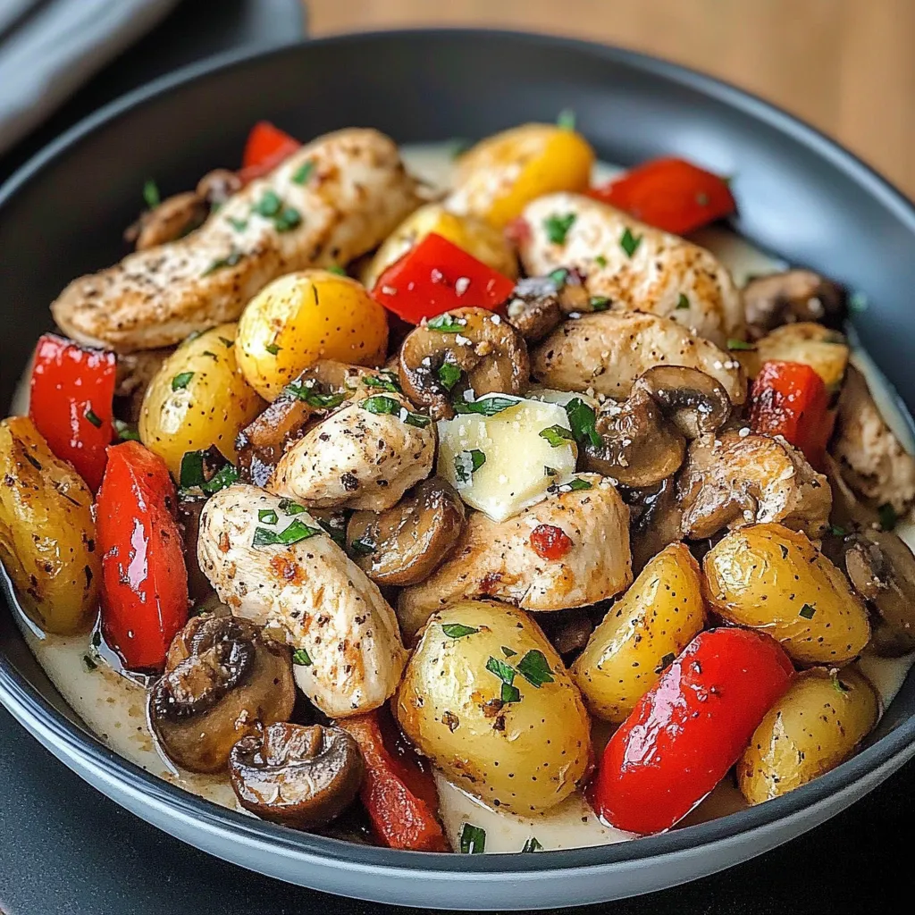 A bowl of food with mushrooms, potatoes, and chicken.