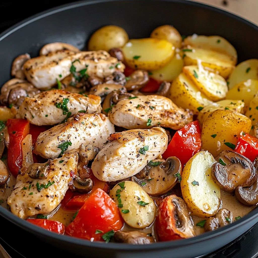 A bowl of food with chicken, potatoes, and mushrooms.