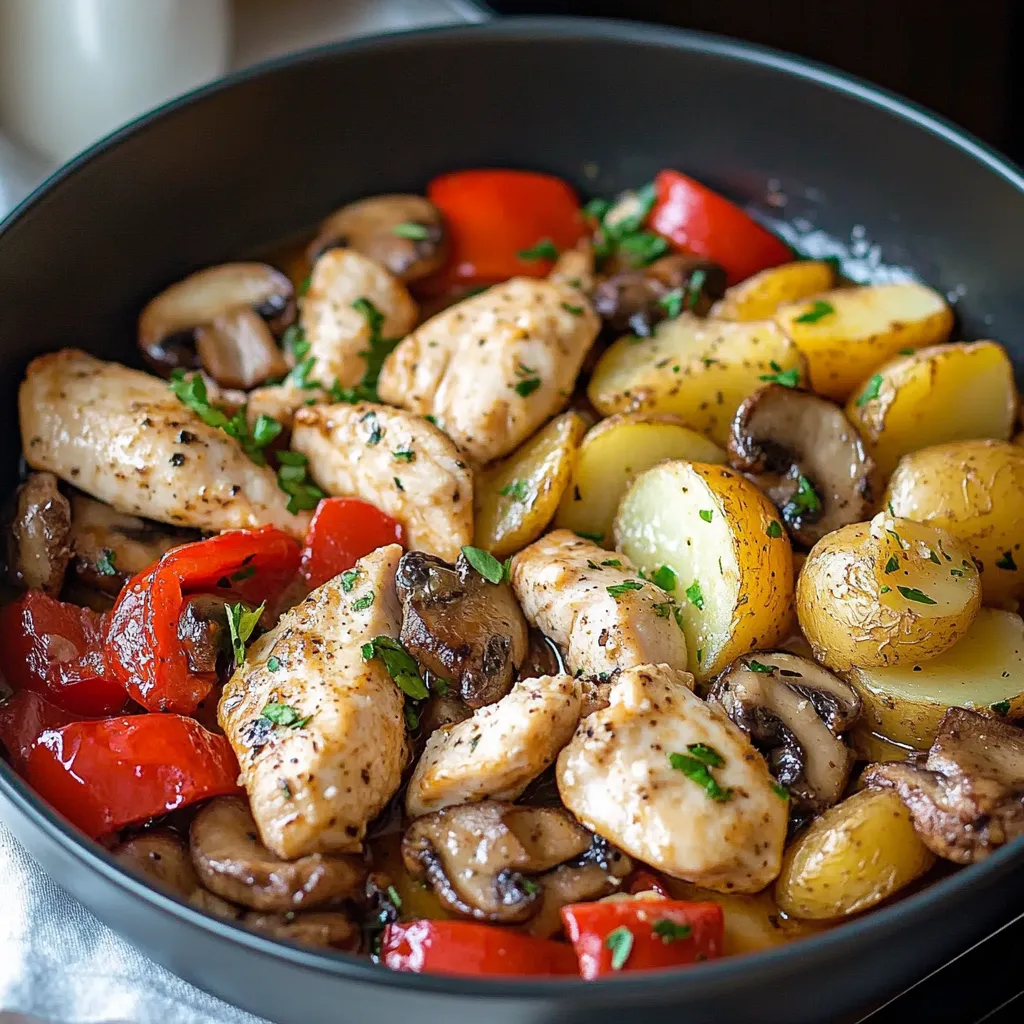 A bowl of food with chicken, mushrooms, potatoes, and peppers.
