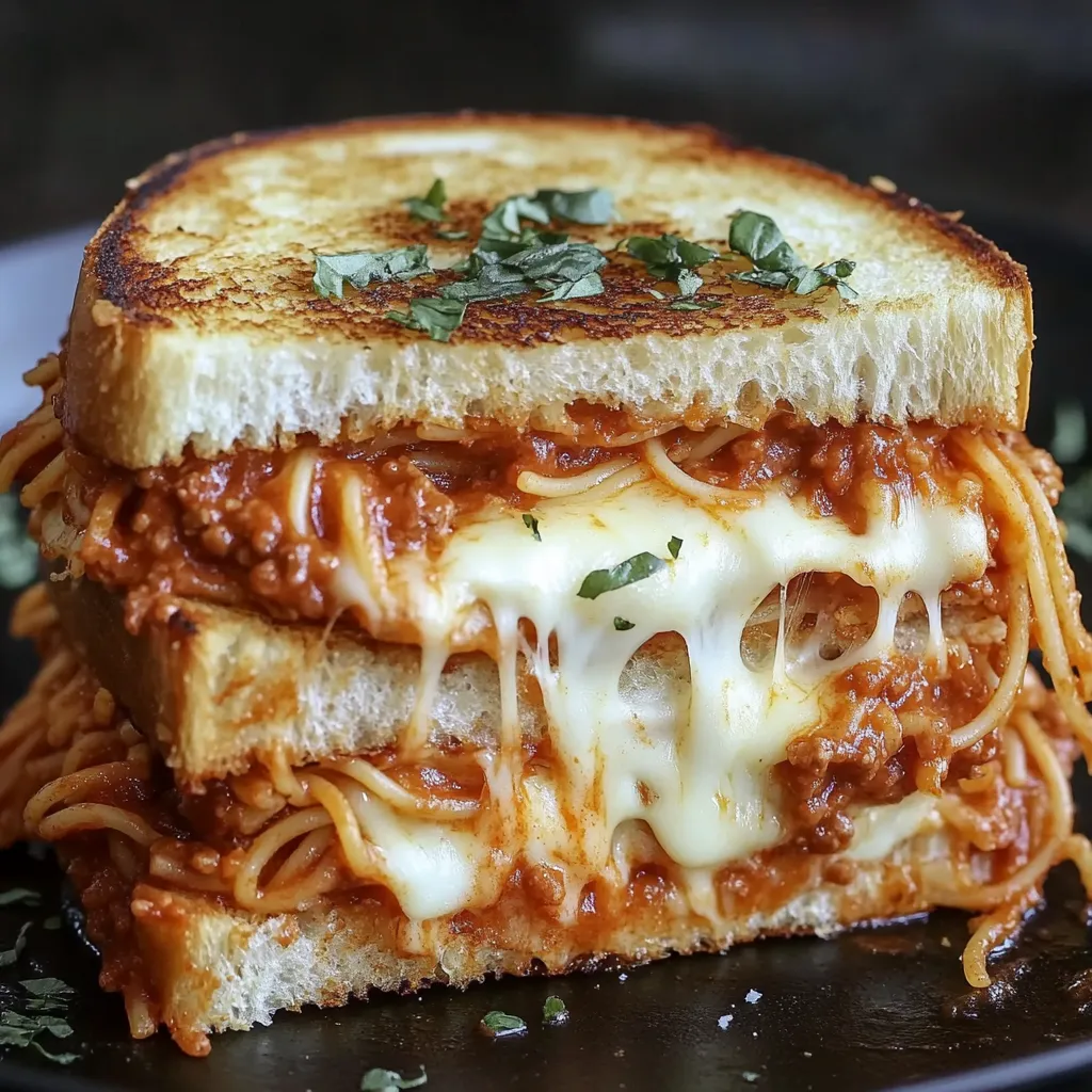 A sandwich with spaghetti and meat sauce.