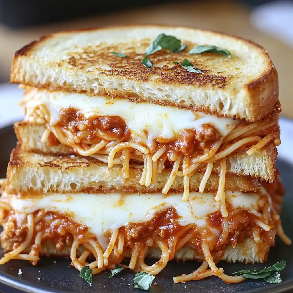 A sandwich with spaghetti and meatballs on a plate.