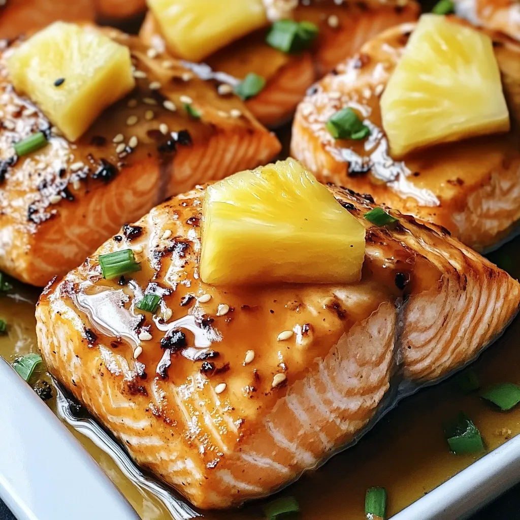 A plate of fish with pineapple on top.