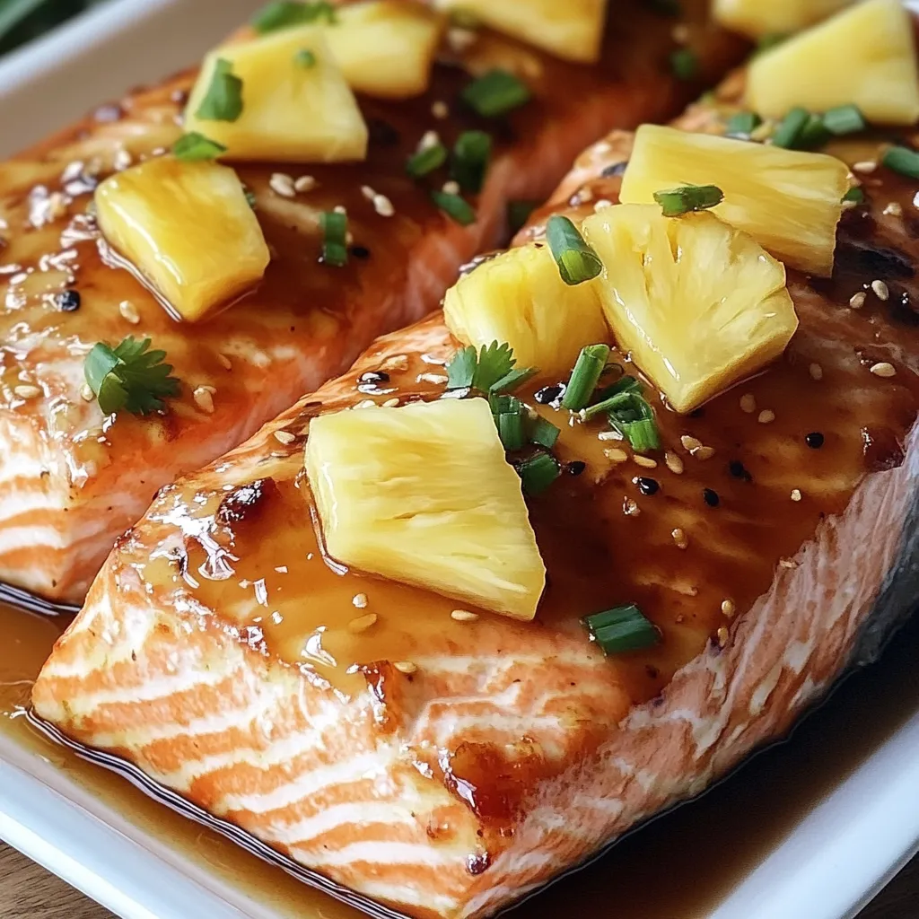 Two pieces of salmon with pineapple and green onions.