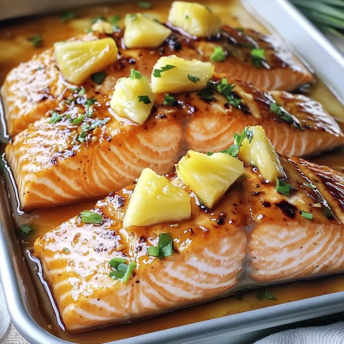 A pan of fish with pineapple on top.