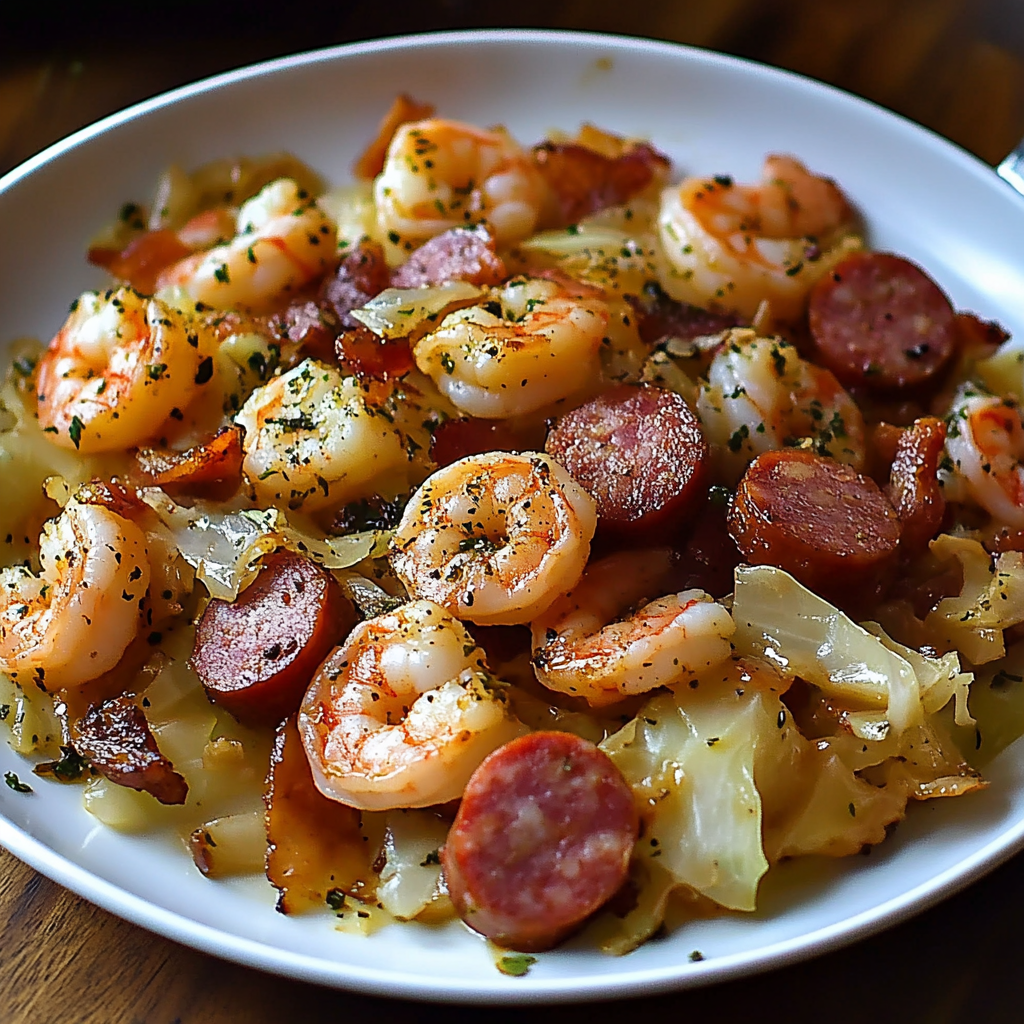 A plate of shrimp and sausage.