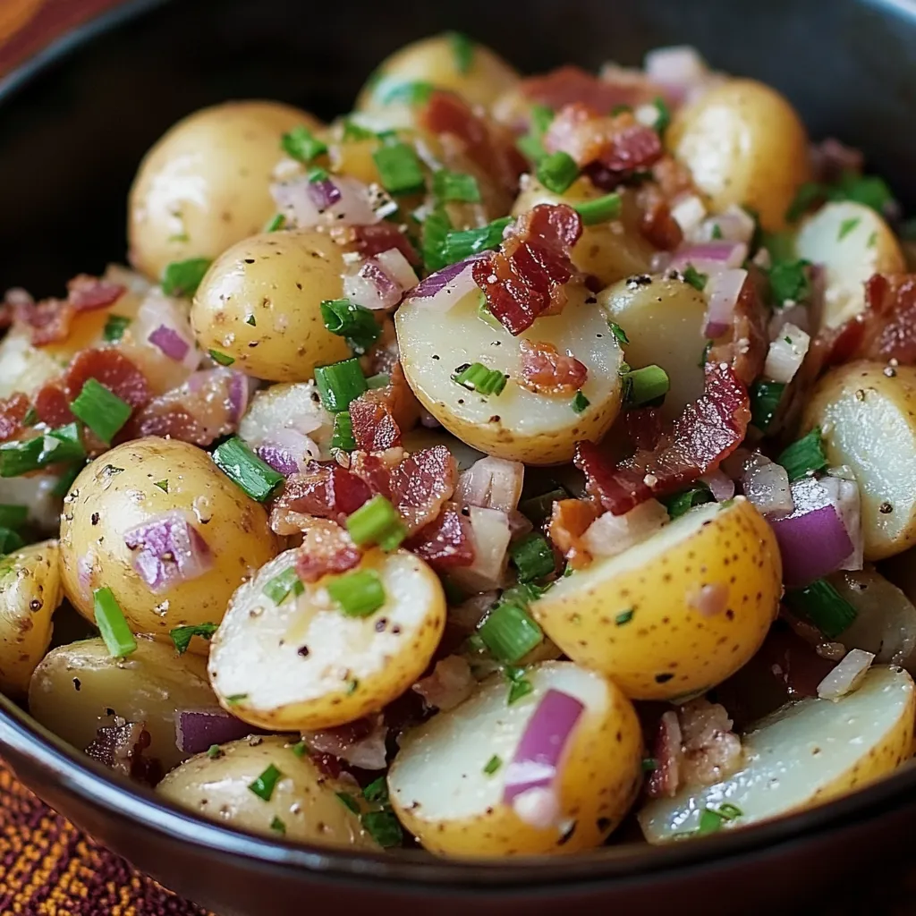 A bowl of food with potatoes and bacon.