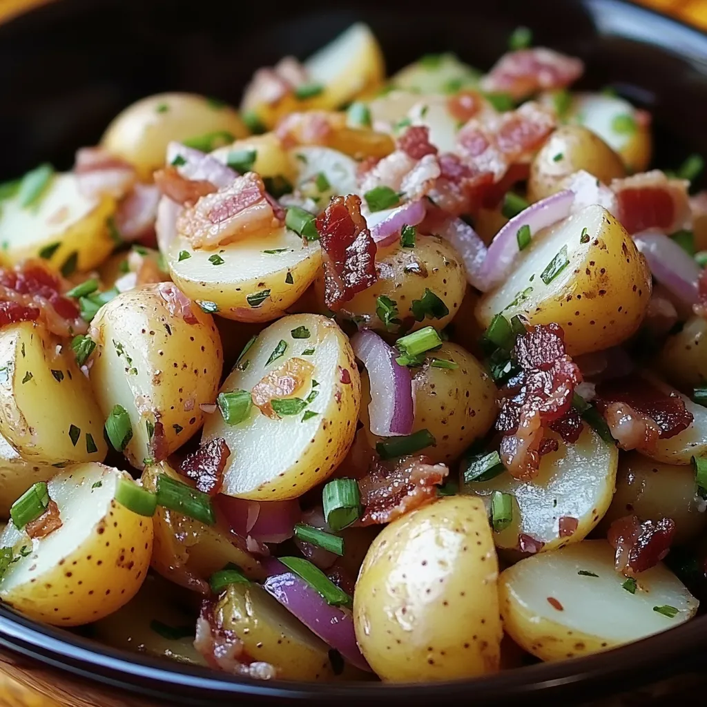 A bowl of food with bacon and potatoes.