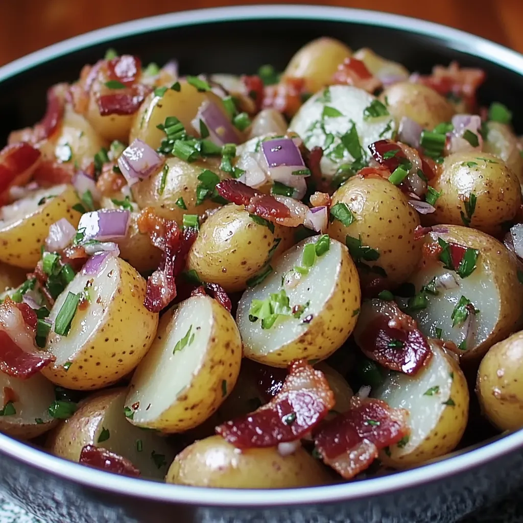 A bowl of potatoes with bacon.