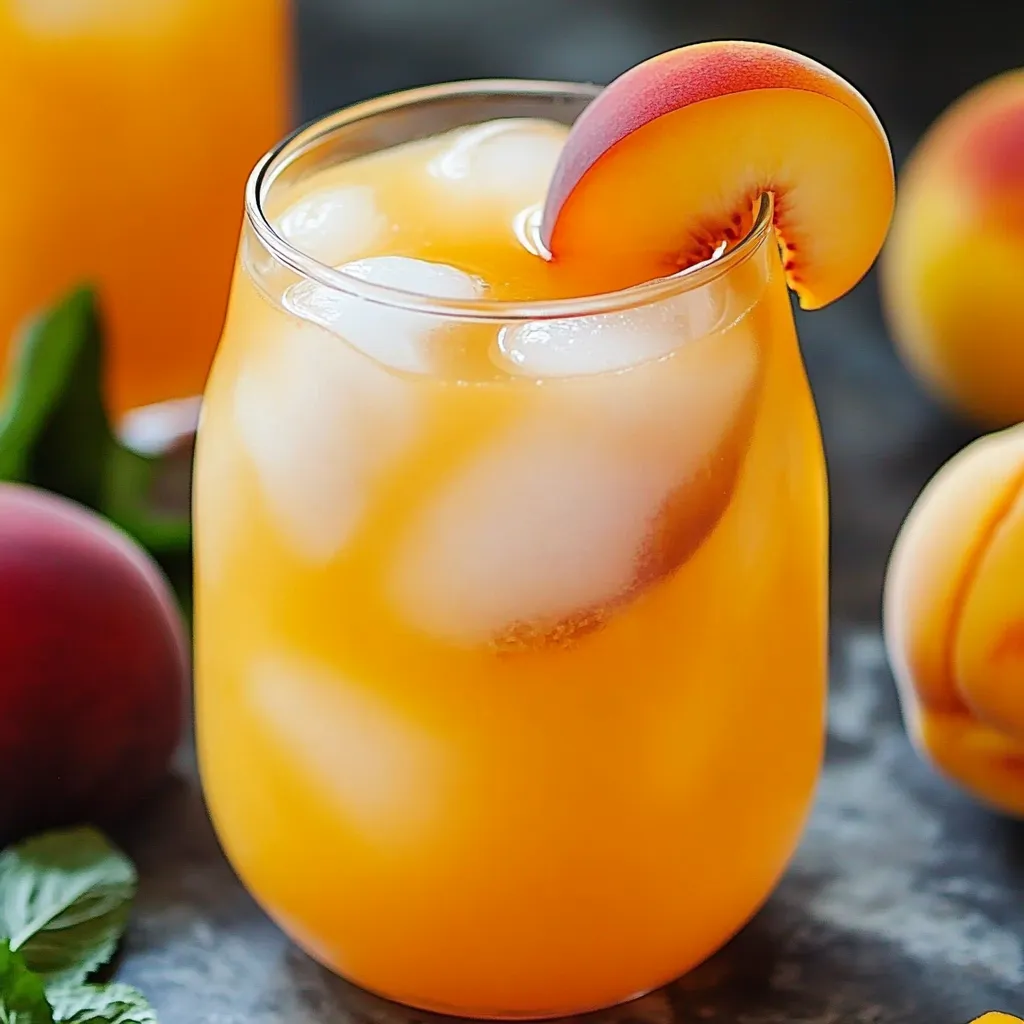 A glass of orange juice with a peach slice in it.