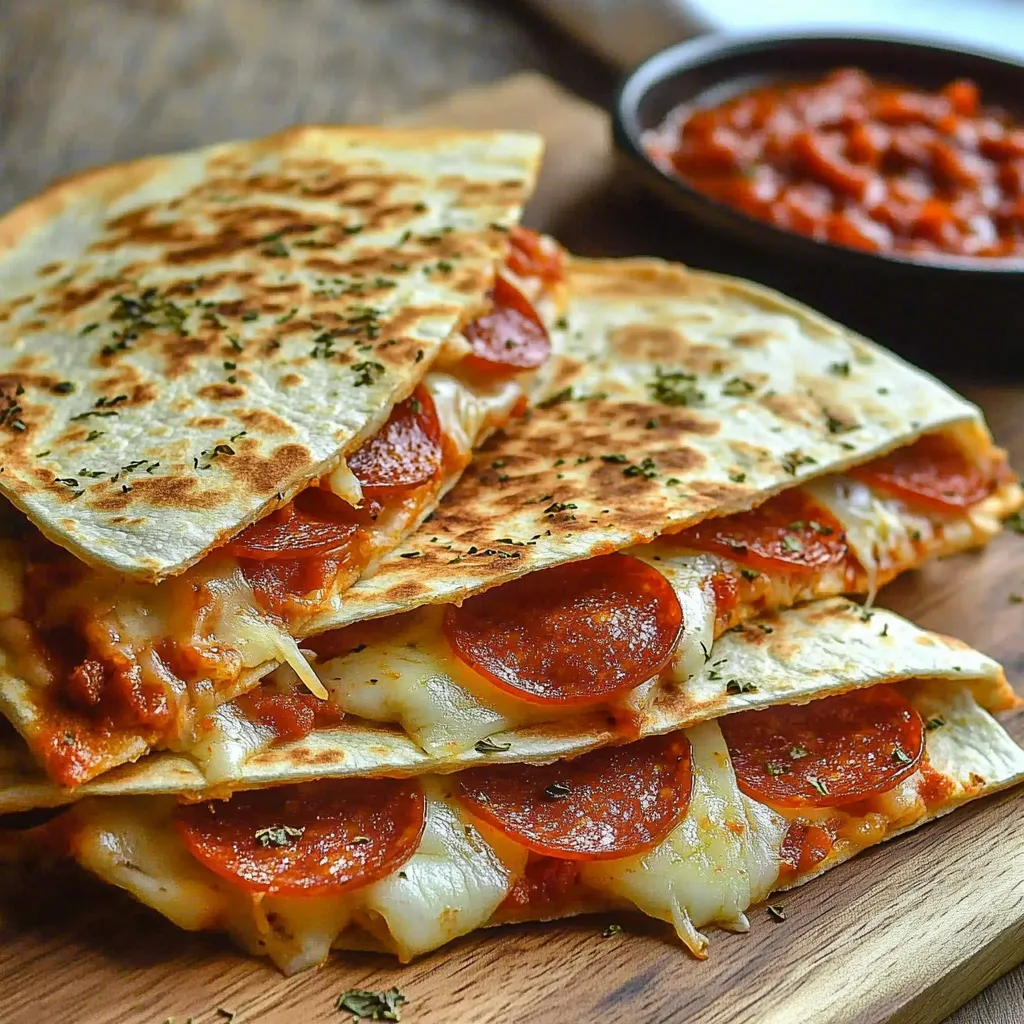 A stack of pepperoni pizza slices on a wooden cutting board.