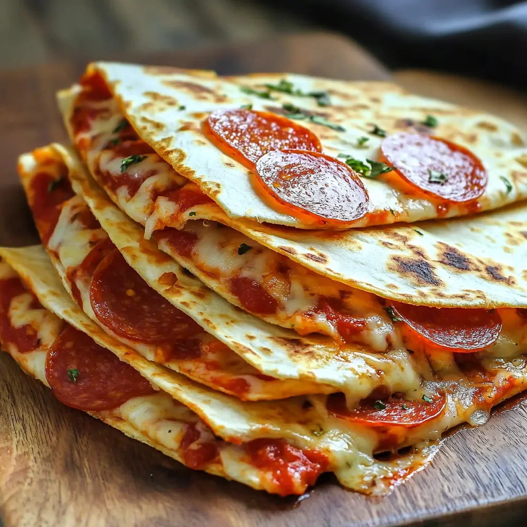 A stack of pizza slices on a wooden cutting board.