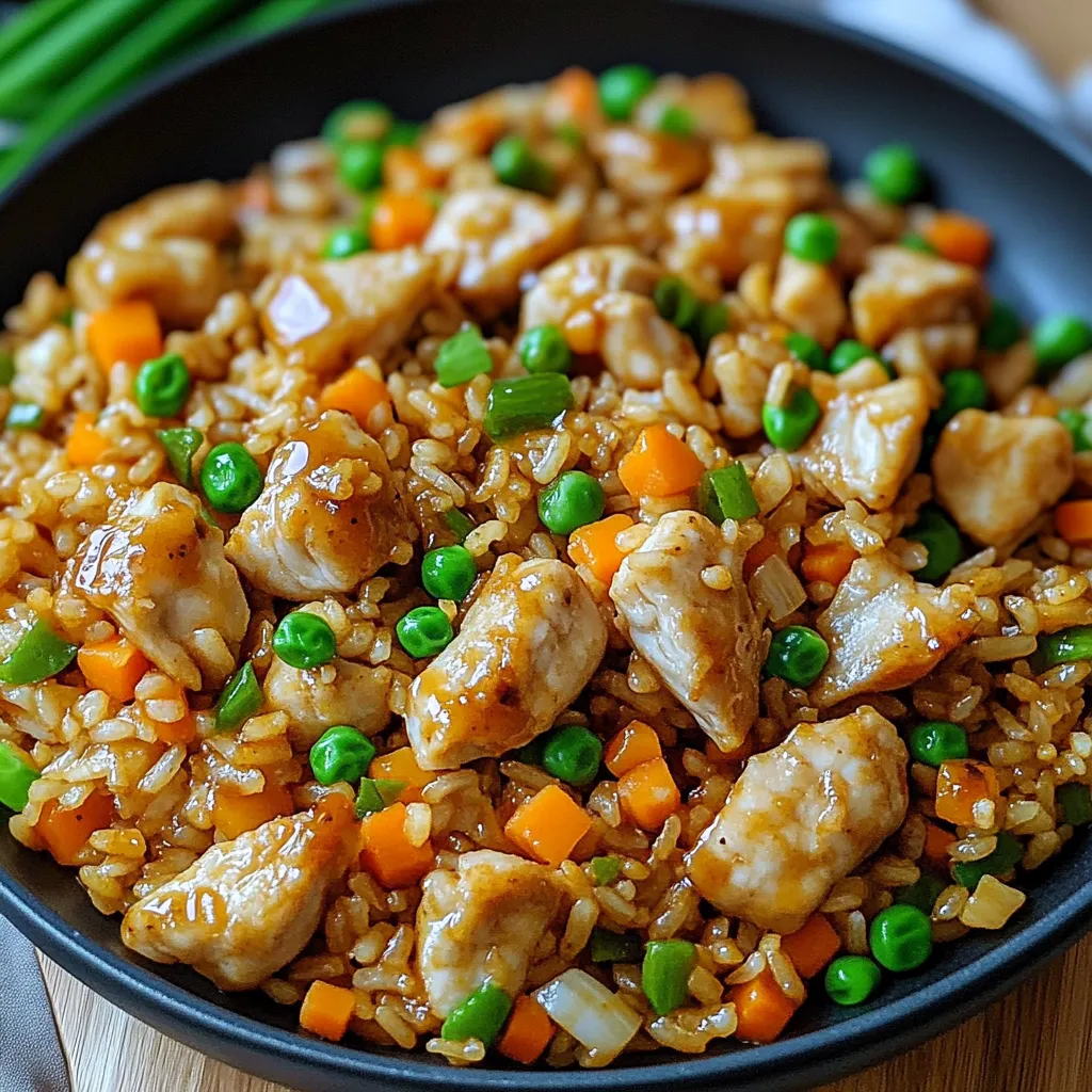 A bowl of rice with chicken and peas.