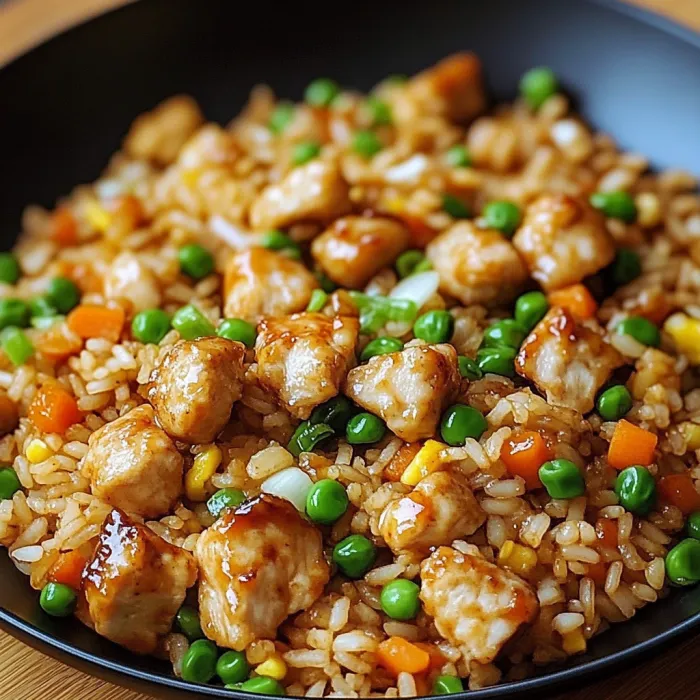 A bowl of rice with chicken and peas.