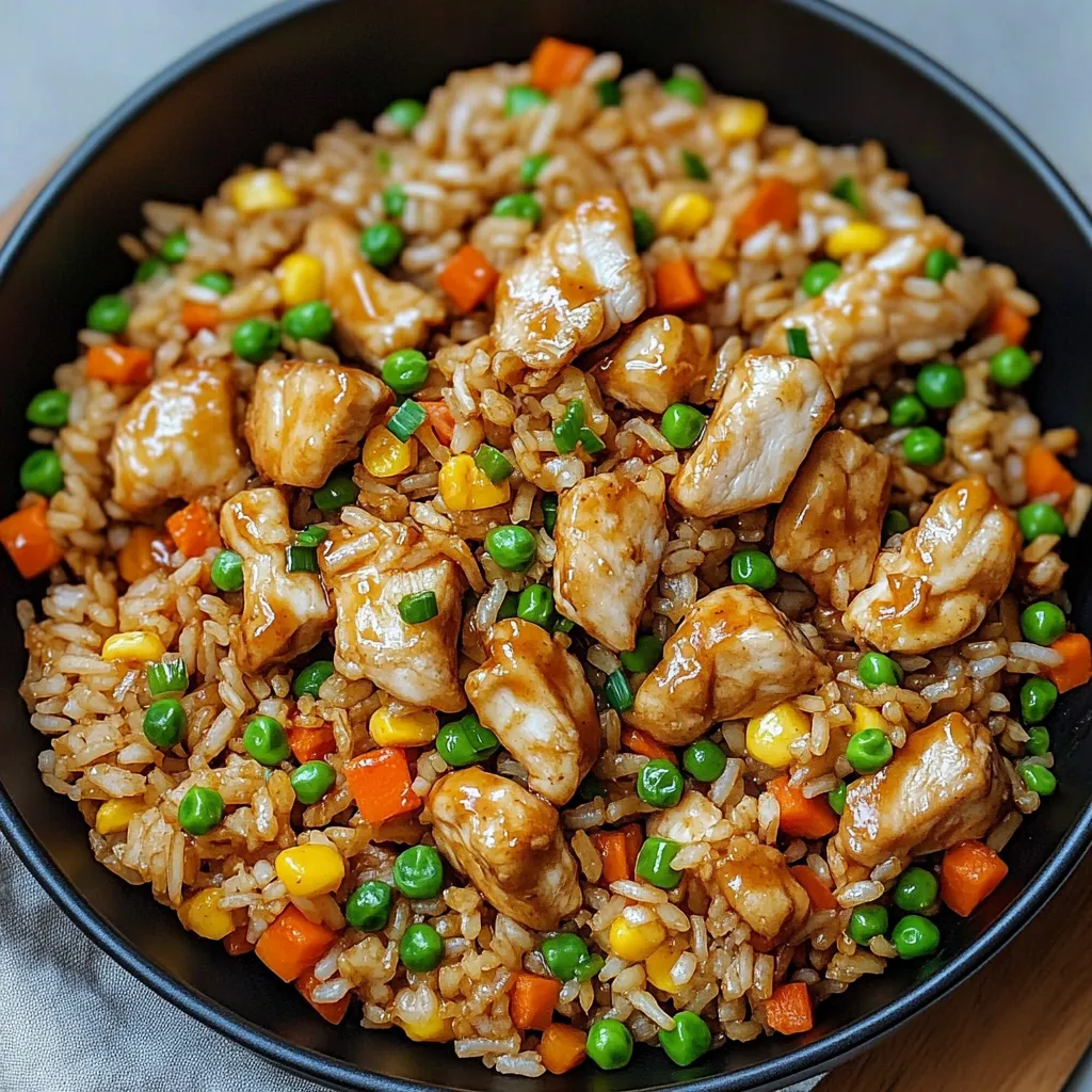 A bowl of rice with chicken and peas.