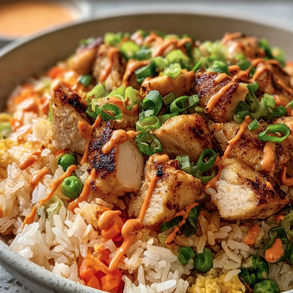 A bowl of rice with meat and peppers.