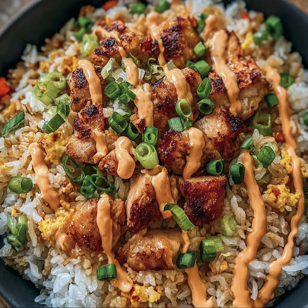 A bowl of rice with chicken and sauce.