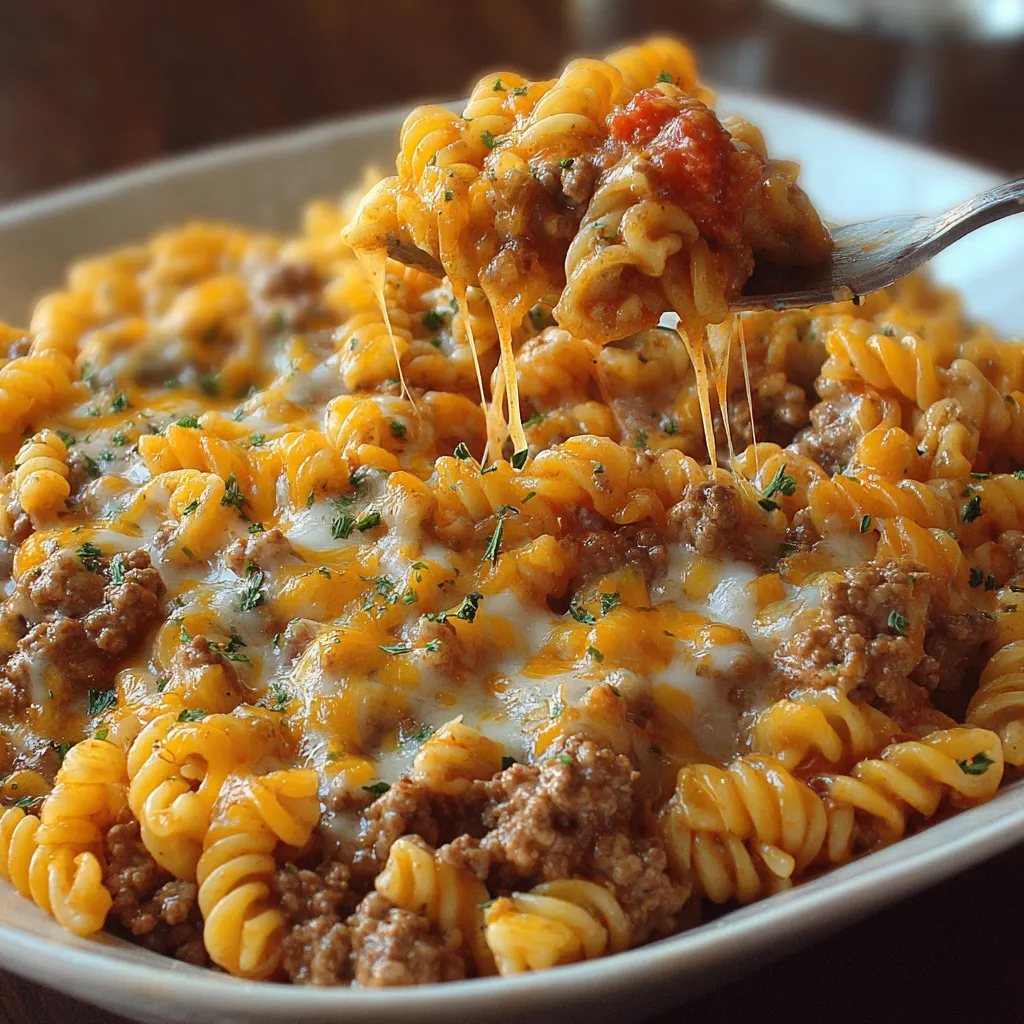 A plate of pasta with meat and cheese.