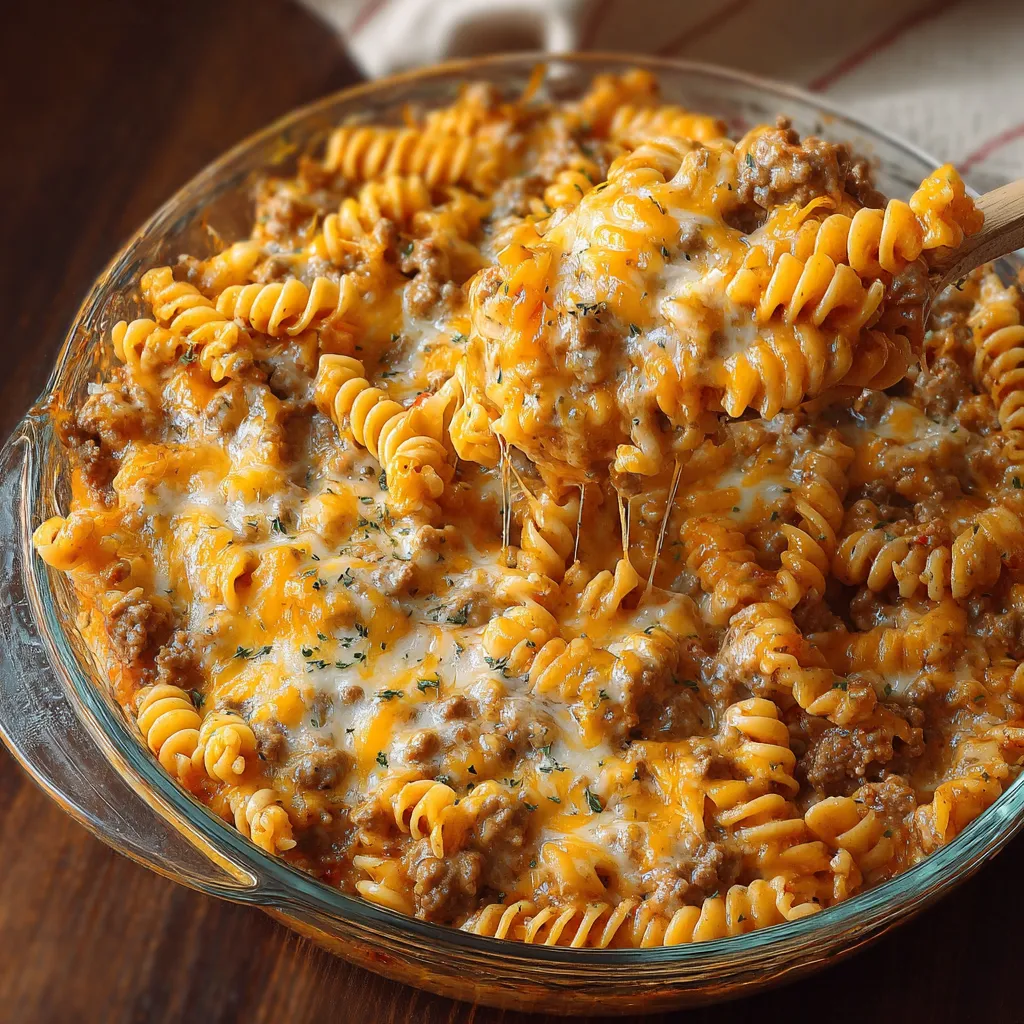 A bowl of pasta with meat and cheese.