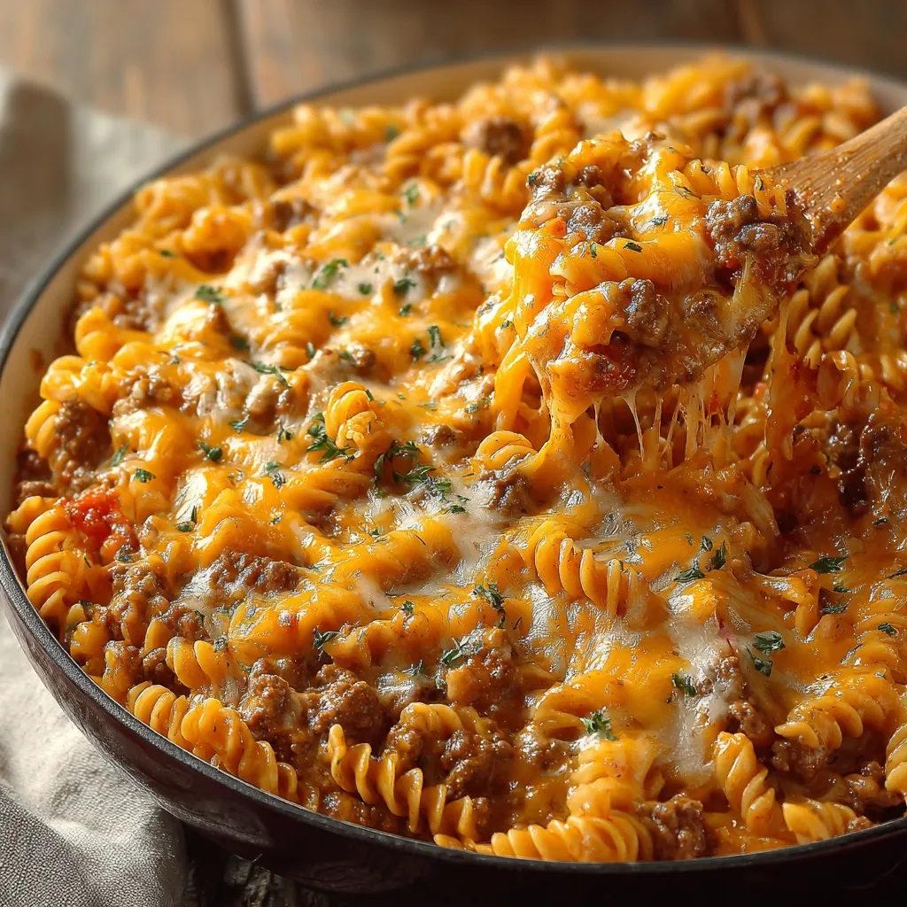 A bowl of pasta with meat and cheese.