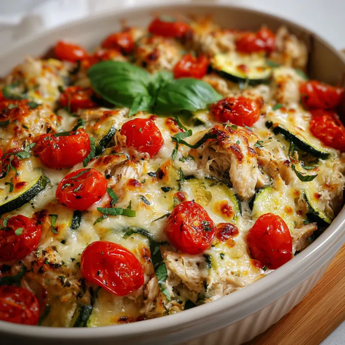 A bowl of food with tomatoes and zucchini.
