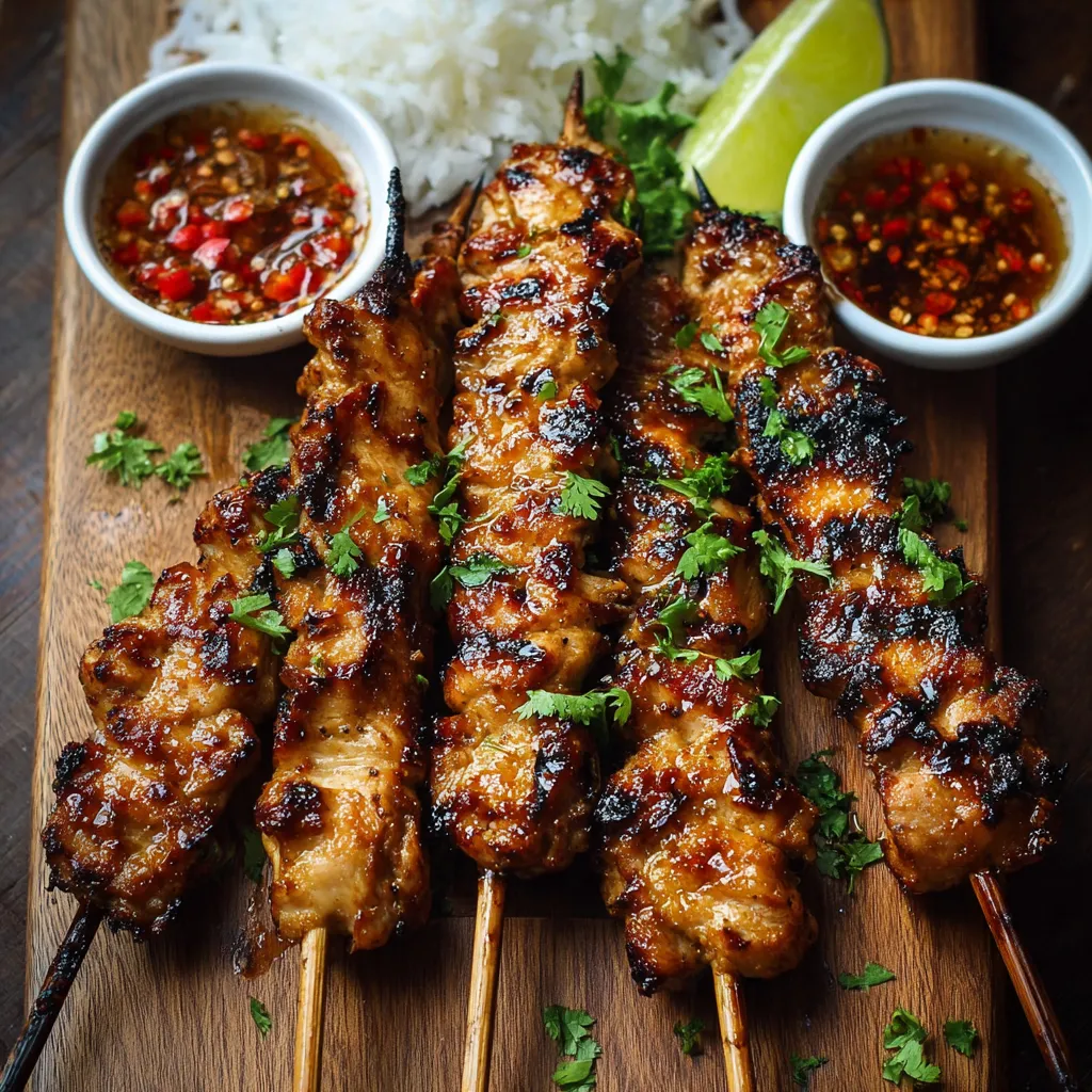 A wooden cutting board with chicken skewers and sauce.