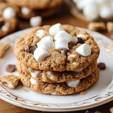 A close-up of three stacked cookies topped with chocolate chips and mini marshmallows on a decorative plate.