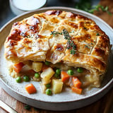 A golden brown puff pastry pie filled with mixed vegetables, including carrots, peas, and potatoes, served on a speckled plate.