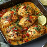 A baking dish filled with succulent chicken breasts topped with roasted tomatoes, herbs, and lime wedges in a creamy sauce.