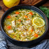 A steaming bowl of chicken and vegetable soup with orzo, garnished with lemon slices and fresh dill, set on a wooden surface.