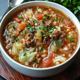 A close-up of a bowl of hearty soup filled with ground meat, vegetables, and garnished with fresh herbs.