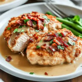 A plate of sliced chicken topped with gravy, crispy bacon, and chopped green herbs, served alongside green beans.