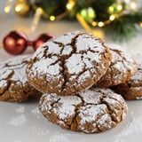 A stack of cracked brown cookies dusted with powdered sugar is placed on a white surface, with festive decorations in the background.