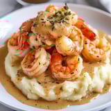 A plate of shrimp covered in a creamy sauce.