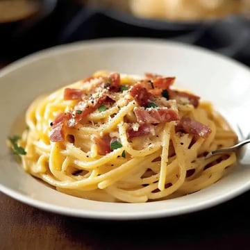 A bowl of creamy pasta topped with bacon bits and grated cheese, garnished with parsley.