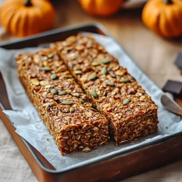 A tray of pumpkin seed granola bars is cut into three pieces, set on parchment paper, with small decorative pumpkins in the background.