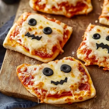 A wooden board displays several rectangular pizzas topped with melted cheese, tomato sauce, and black olive faces, resembling ghostly characters.