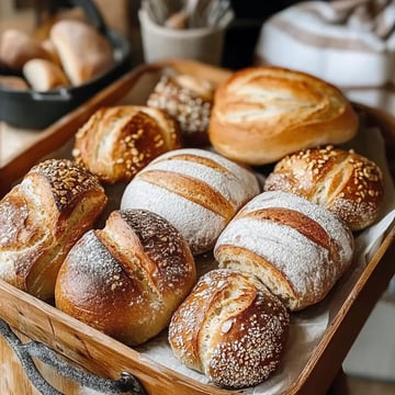 A wooden tray filled with various types of freshly baked bread rolls, some topped with sesame seeds and flour.