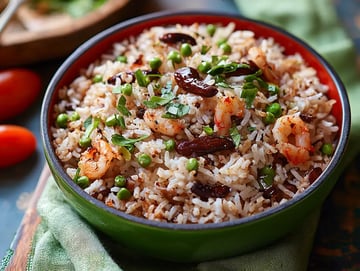 A vibrant bowl of shrimp rice is garnished with green peas and herbs, sitting atop a green cloth, with tomatoes in the background.