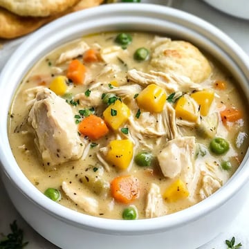 A creamy chicken stew with shredded chicken, colorful vegetables, and herbs served in a white bowl.