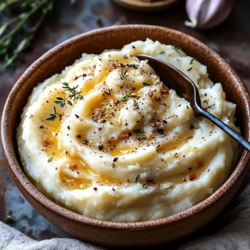 A bowl of creamy mashed potatoes garnished with herbs, black pepper, and a drizzle of oil, with a spoon resting inside.