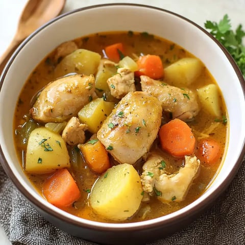 A bowl of hearty chicken stew with potatoes, carrots, and herbs in a savory broth.