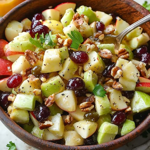 A colorful fruit salad made of diced apples, green grapes, dried cranberries, and sprinkled with chopped nuts in a wooden bowl.