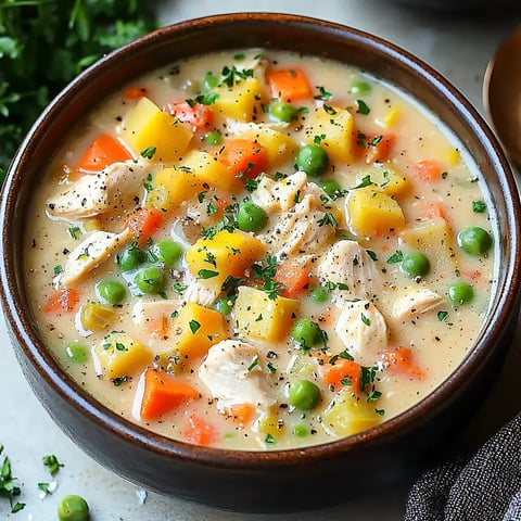 A hearty bowl of chicken soup filled with diced vegetables, including carrots, peas, and potatoes, garnished with fresh parsley.