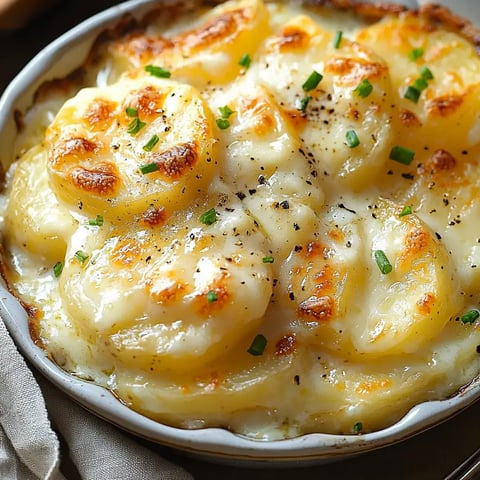 A creamy dish of scalloped potatoes topped with browned cheese and garnished with fresh chives.