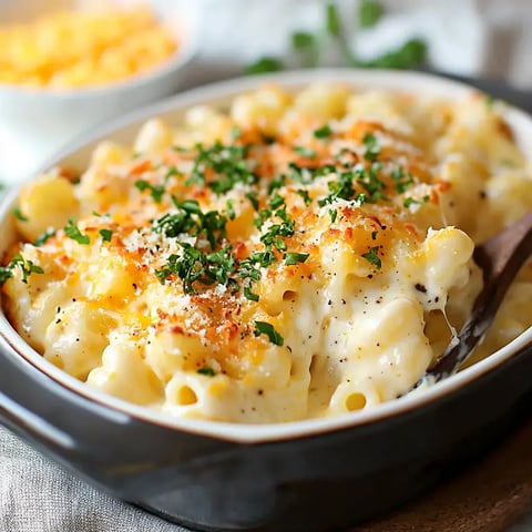 A creamy, cheesy baked macaroni dish topped with crispy breadcrumbs and fresh parsley.